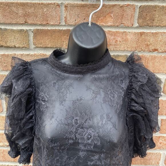 Romantic Gothic Black Lace top sz L Sheer coquette Scalloped Elegant Whimsigoth - Picture 4 of 12